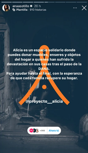 Historia de Instagram de @anaasotillo compartiendo Proyecto Alicia con su comunidad