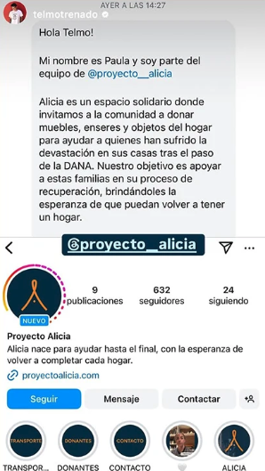 Historia de @telmotrenado con el mensaje del equipo y el perfil de @proyecto__alicia
