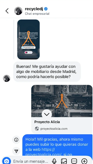 Mensaje de @recycledj ofreciendo mobiliario desde Madrid a través de Instagram