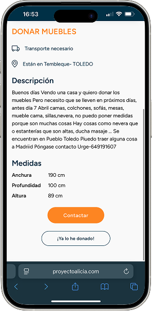 Detalle de una donación con descripción, medidas y el botón {{ t.ctaContact }}
