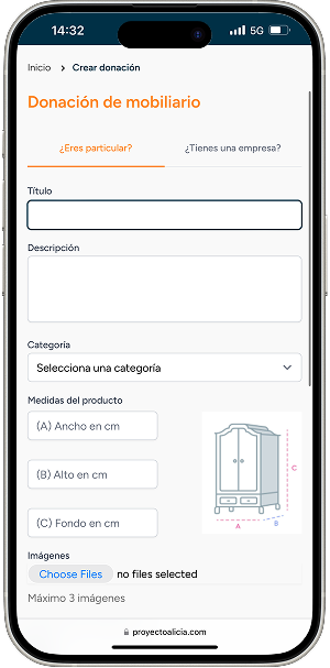 Formulario de donación: título, descripción, categoría, medidas del producto e imágenes