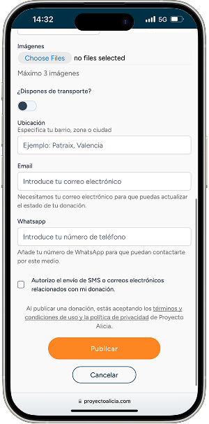 Segunda parte del formulario: transporte, ubicación, email, WhatsApp y publicación