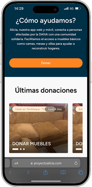 Home de Proyecto Alicia: ¿Cómo ayudamos?, botón Donar y últimas donaciones