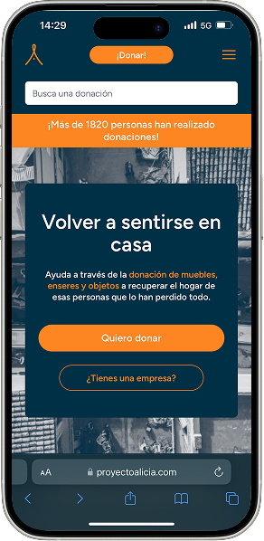 Landing de Proyecto Alicia: {{ t.h1a }} en casa, con los botones Quiero donar y ¿Tienes una empresa?