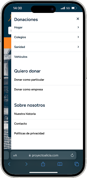 Menú de navegación con categorías de donaciones: Hogar, Colegios, Sanidad y Vehículos