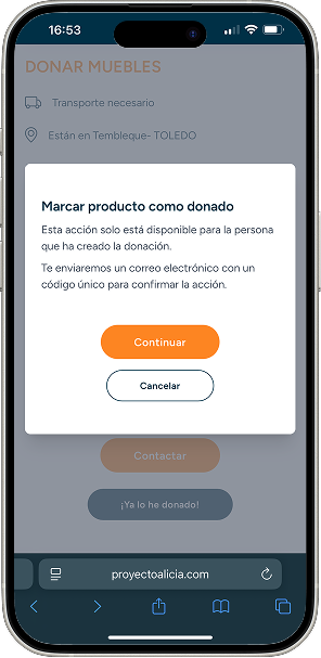 Modal Marcar producto como donado, con aviso de envío de un código único