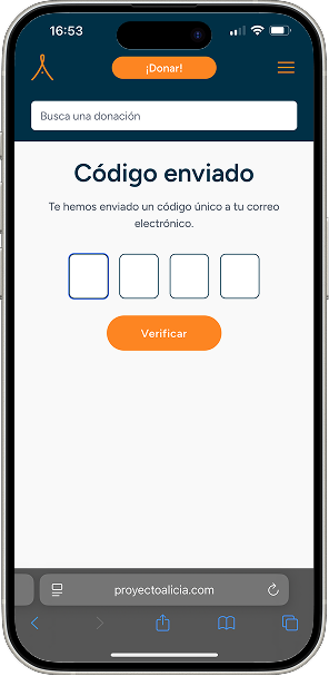Pantalla Código enviado con cuatro campos para introducir el PIN y el botón Verificar