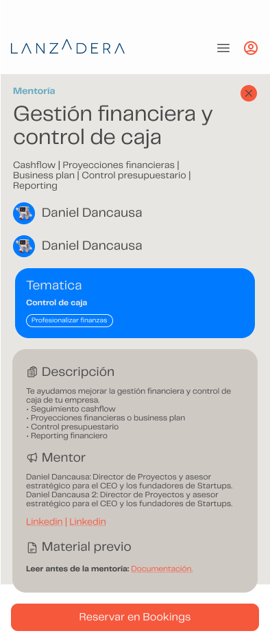 Detalle de una mentoría: temática, descripción, mentor, material previo y reserva