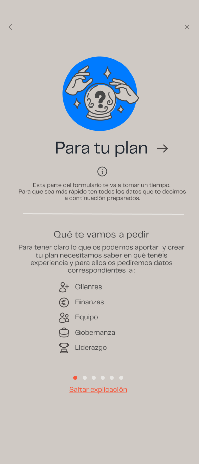 Pantalla Para tu plan: datos que se piden sobre clientes, finanzas, equipo, gobernanza y liderazgo