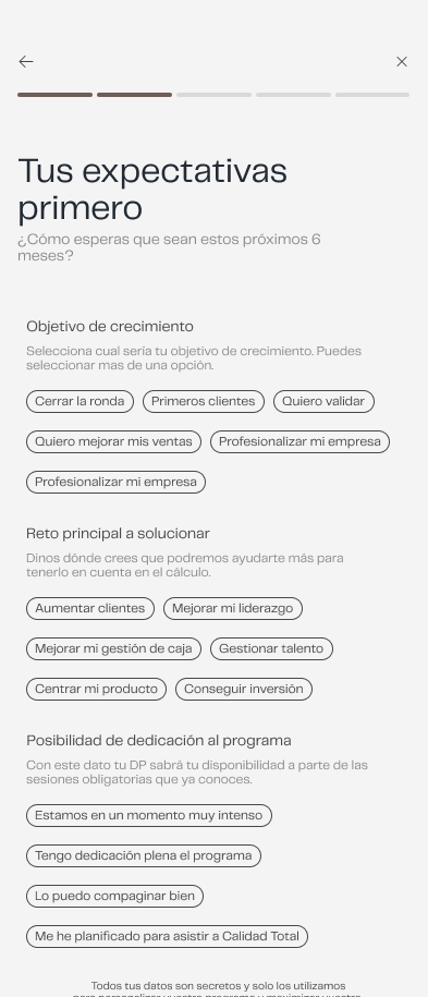 Pantalla Tus expectativas primero: objetivo de crecimiento, reto principal y dedicación al programa