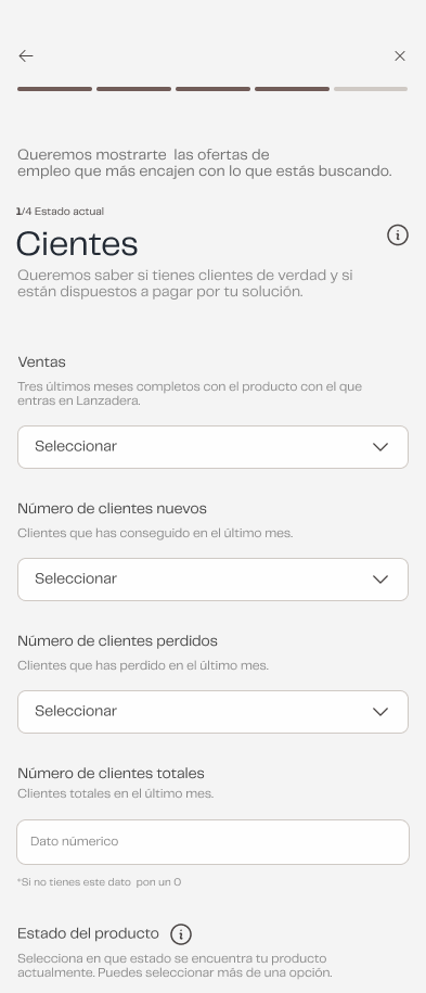 Pantalla Clientes: ventas, clientes nuevos, perdidos, totales y estado del producto