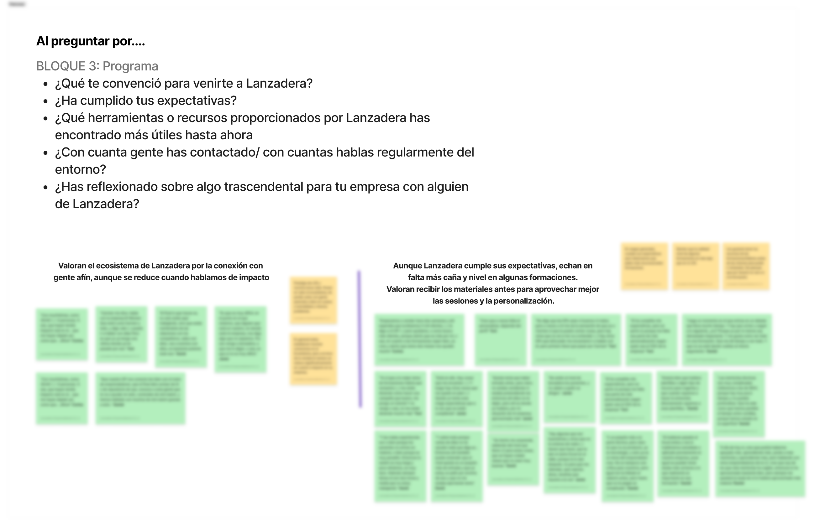 Board de patrones del bloque de programa: preguntas de la entrevista y patrones sobre el valor del ecosistema y la demanda de más nivel y personalización en las formaciones. Las citas aparecen ilegibles por confidencialidad