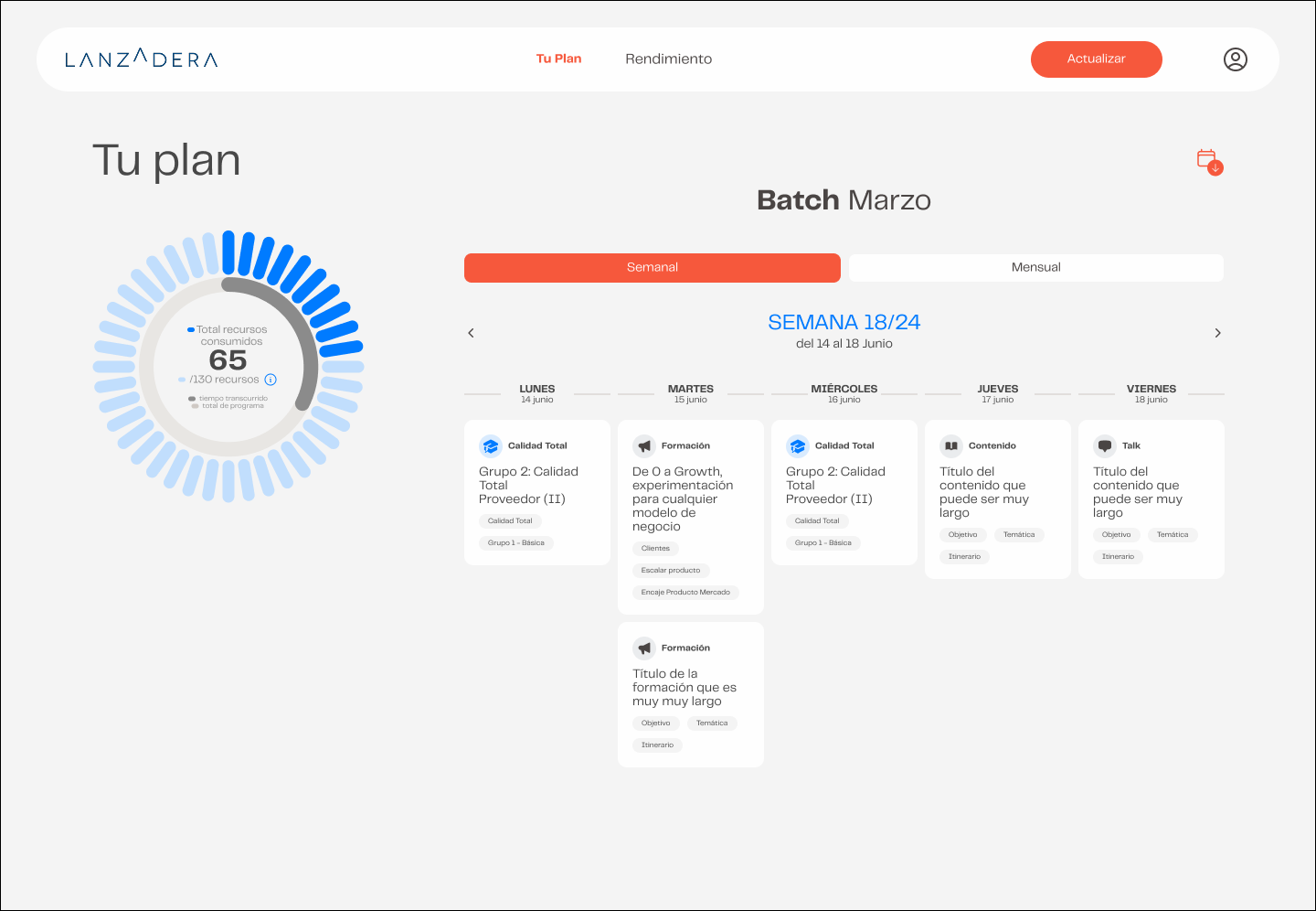 Tu plan en desktop: recursos consumidos, vista semanal y actividades por día